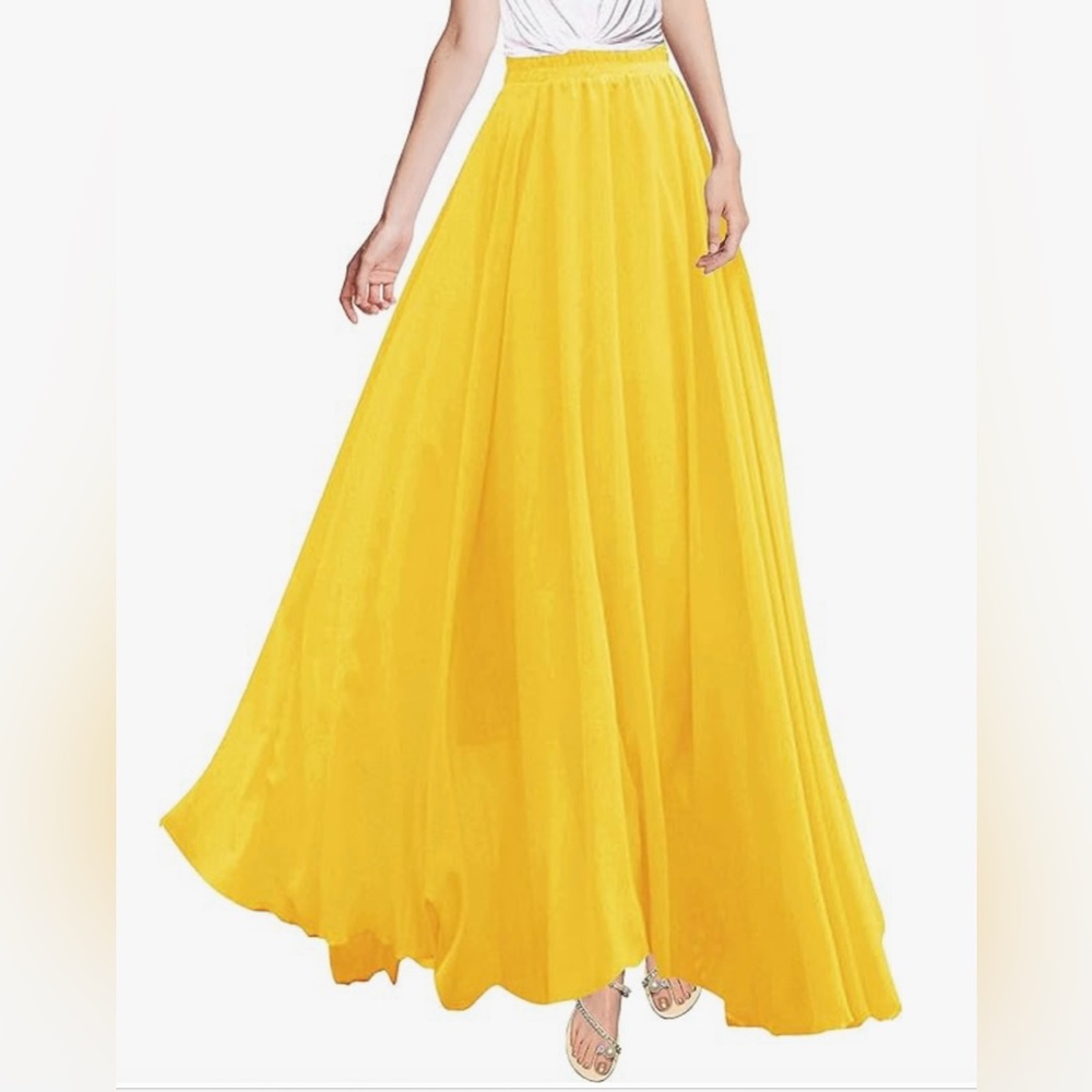 Long Chiffon Ankle Full Length Skirt - light yellow size M